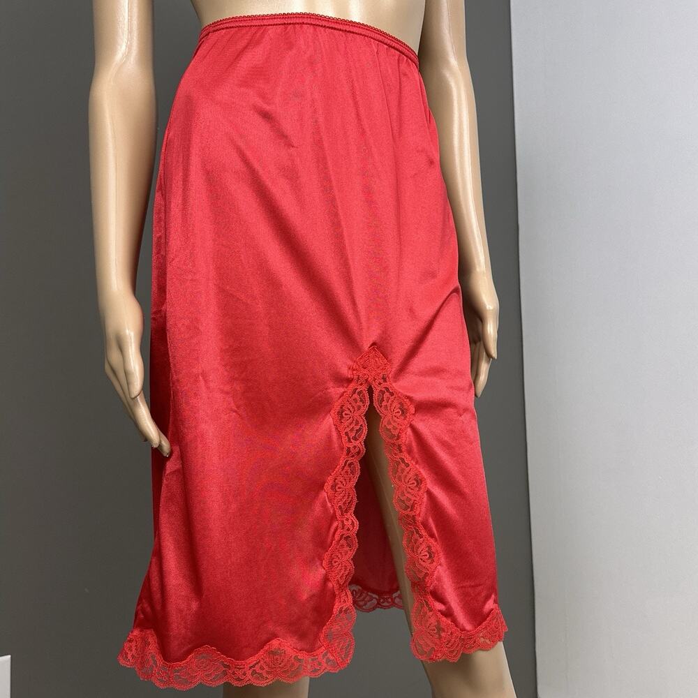 Vintage Mel-Lin Half Slip Skirt Red Nylon Small Lace Walking Slit Pin Up